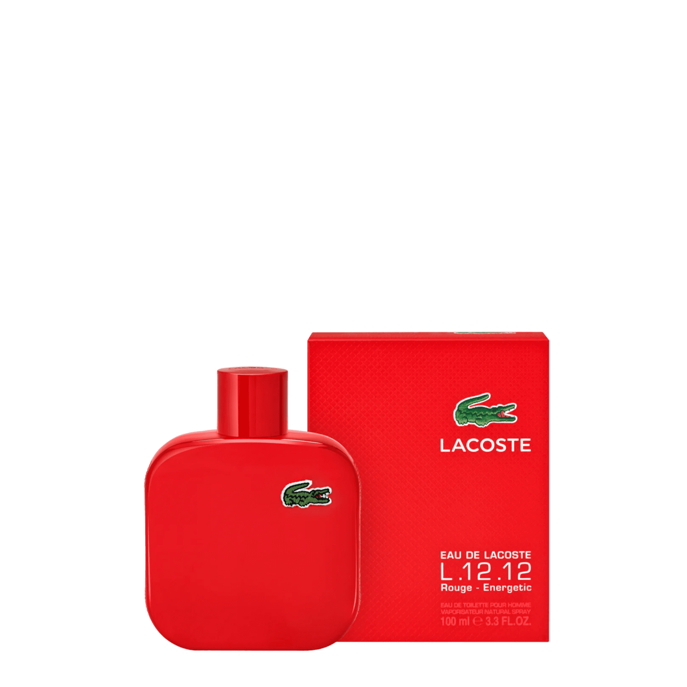 Lacoste L.12.12 Rouge Energetic Eau de Toilette 100 ml, a bold and dynamic men's fragrance with citrus and spicy notes. Presented in a sleek red bottle with the iconic Lacoste crocodile logo.