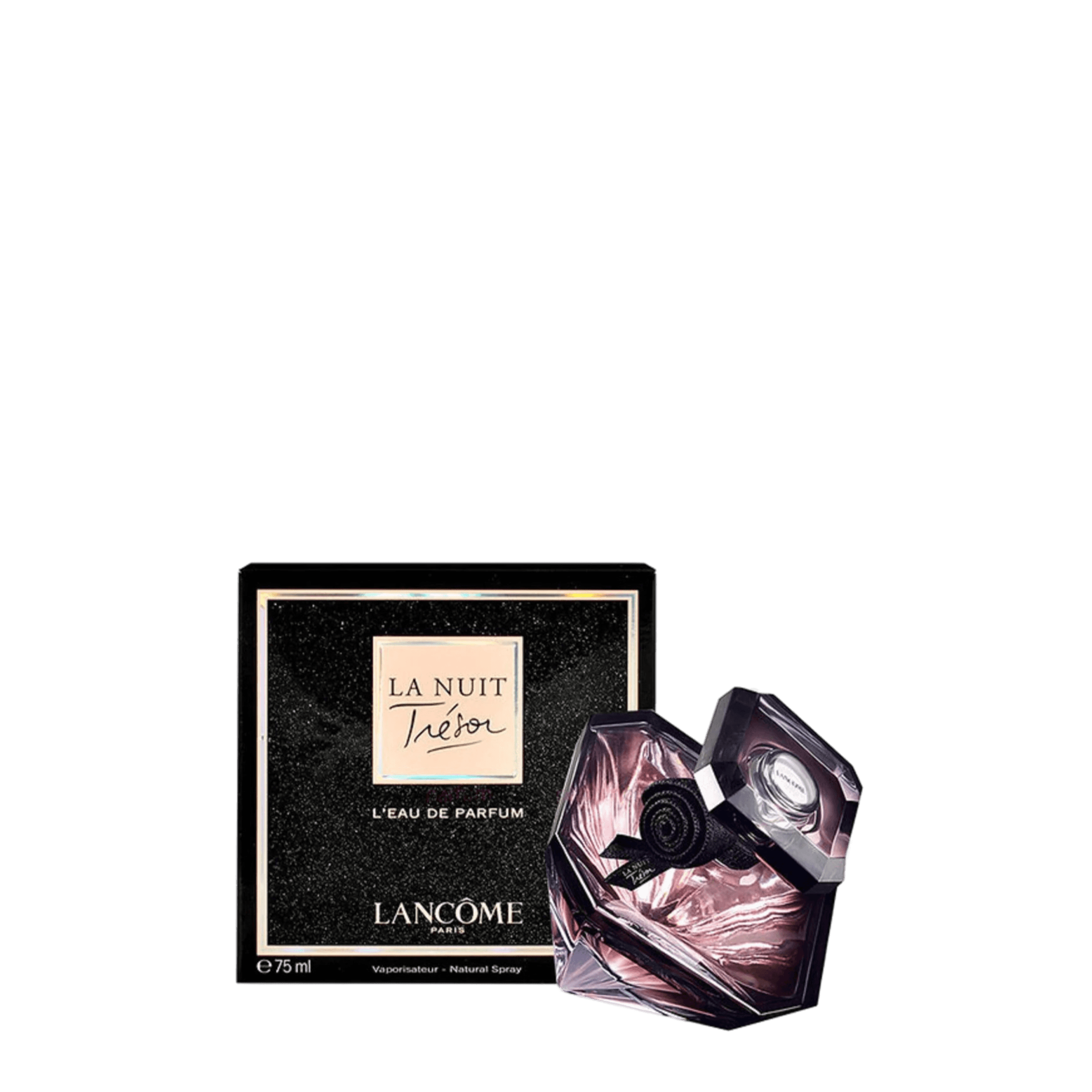 Lancome La Nuit Tresor Eau De Parfum 75 ml, a luxurious women's fragrance with oriental-vanilla notes. Elegant diamond-shaped bottle with black rose detail.