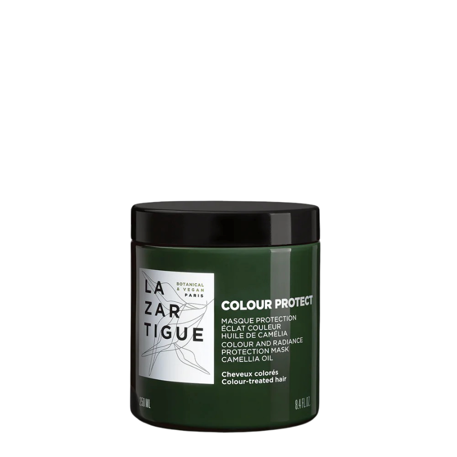 Lazartigue Color Protect Mask 250 ml in dark green jar for color-treated hair, enriched with camellia oil and 92% natural ingredients.