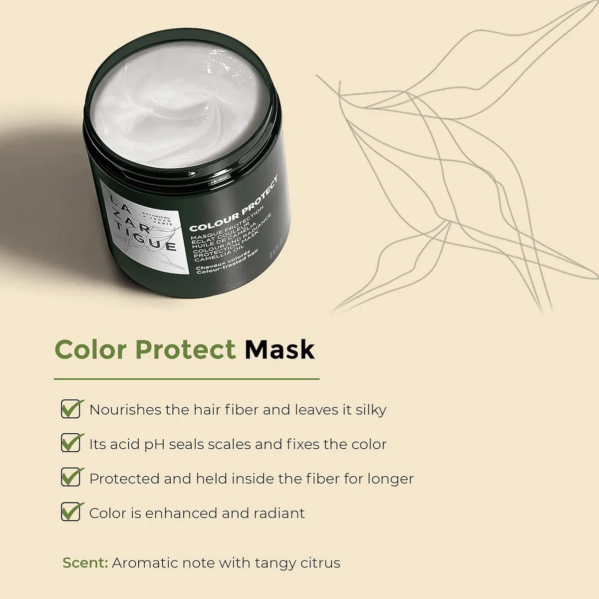 Open jar of Lazartigue Color Protect Mask with creamy texture, highlighting benefits like silky hair, sealed color, and citrus scent.