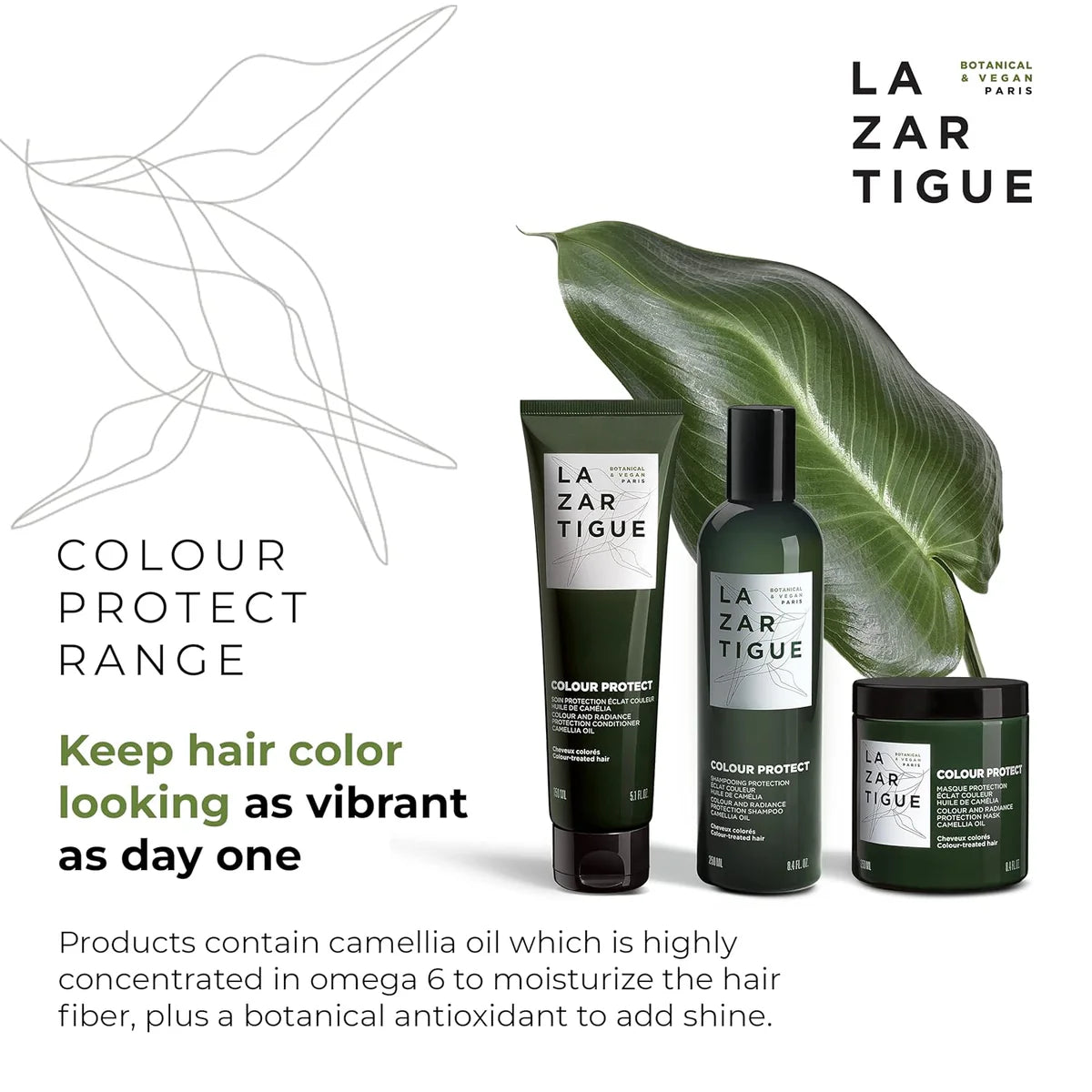 Lazartigue Colour Protect hair care range with shampoo, conditioner, and mask, formulated with camellia oil to maintain vibrant hair color.