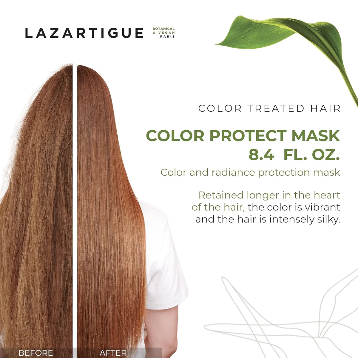 Before and after results of Lazartigue Color Protect Mask showing enhanced shine and vibrancy in color-treated hair with 8.4 fl. oz. jar.