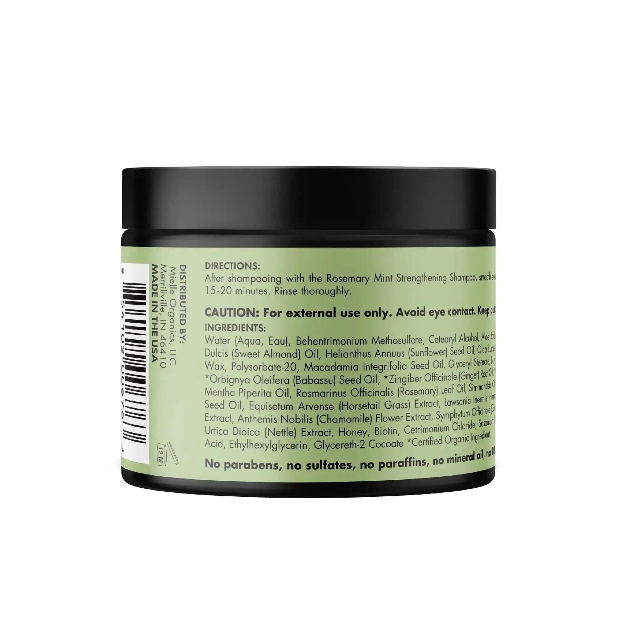 Back view of Mielle Rosemary Mint Strengthening Hair Masque 340 G showing ingredients and usage instructions, free from parabens, sulfates, and paraffins.