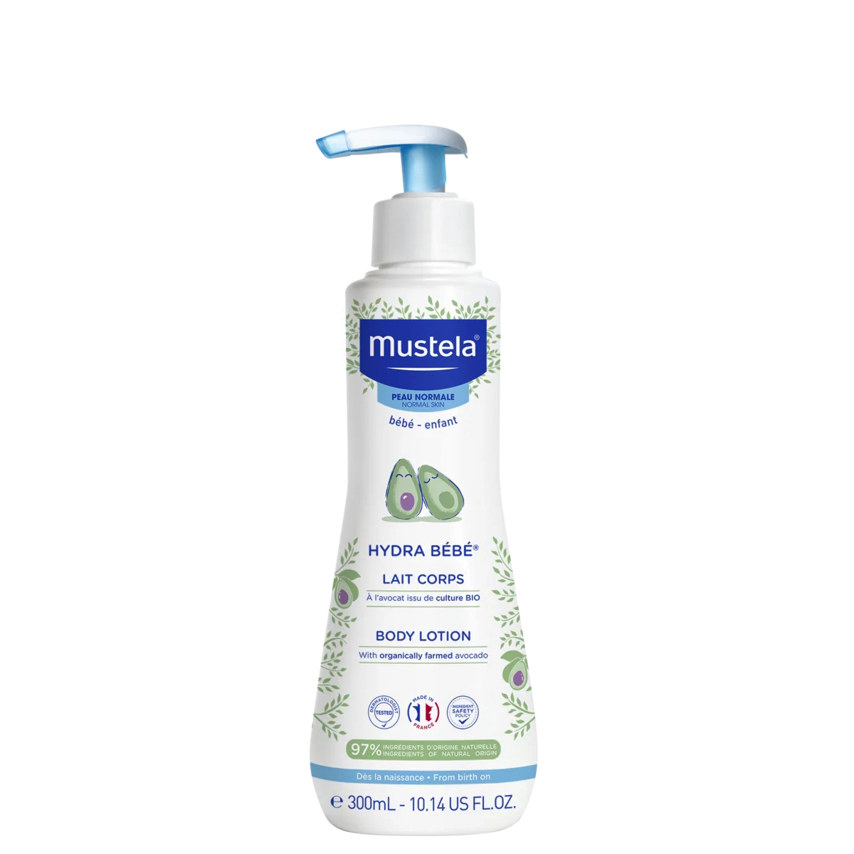 Mustela Hydra Bebe Body Lotion 300 ml with avocado, a gentle baby moisturizer for normal skin. Ideal for daily baby care and nappy change routine.