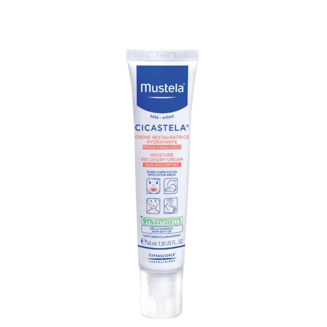 Mustela Cicastela Moisture Cream - Recovery 40ml tube for baby skin care. Pediatric moisturizer for dry, irritated skin, fragrance-free and non-greasy.