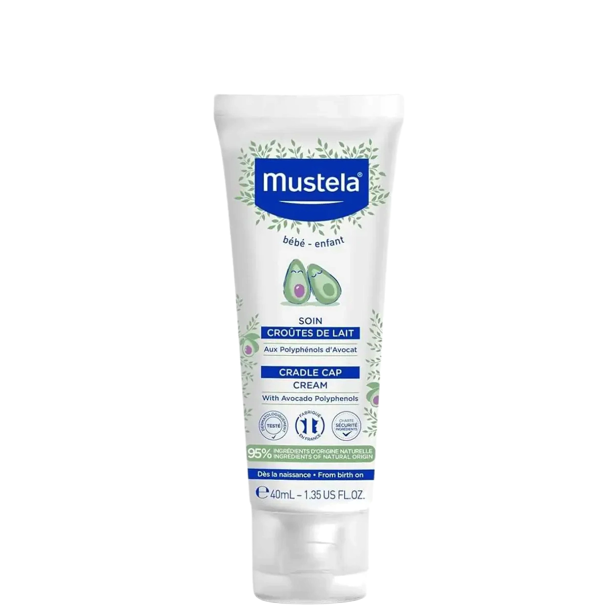 Mustela Cradle Cap Cream 40 ml with avocado polyphenols for baby cradle cap treatment. Moisturizing formula for daily use on delicate scalp.