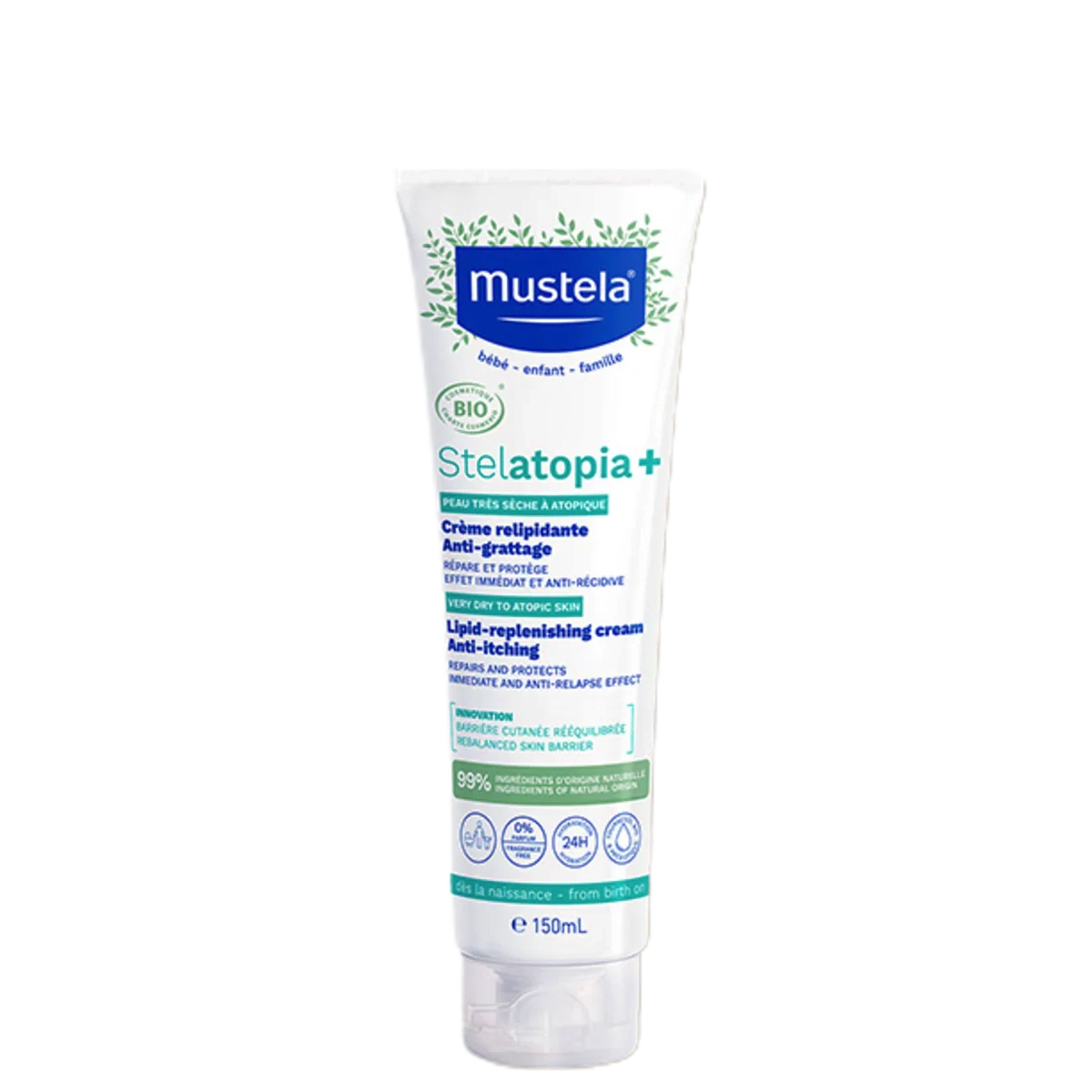 Mustela Stelatopia Cream 150ml for very dry baby skin, replenishes lipids and reduces irritation. Ideal baby moisturizer for face and body care.