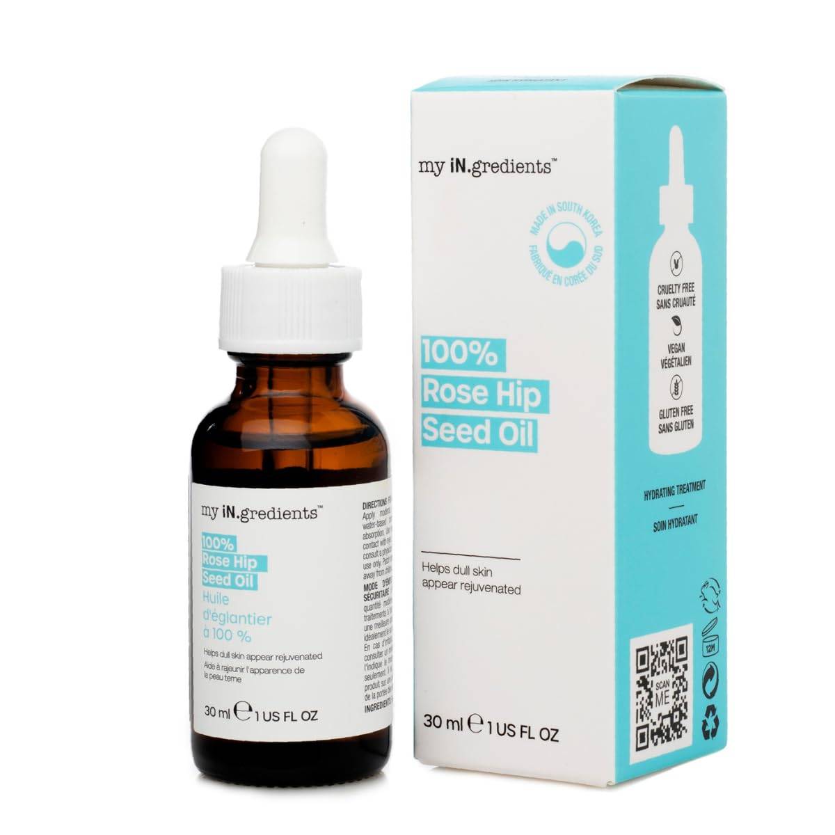 30 ml My iN.gredients Rosehip Seed Oil serum for all skin types, shown with cruelty-free and vegan skincare certifications.