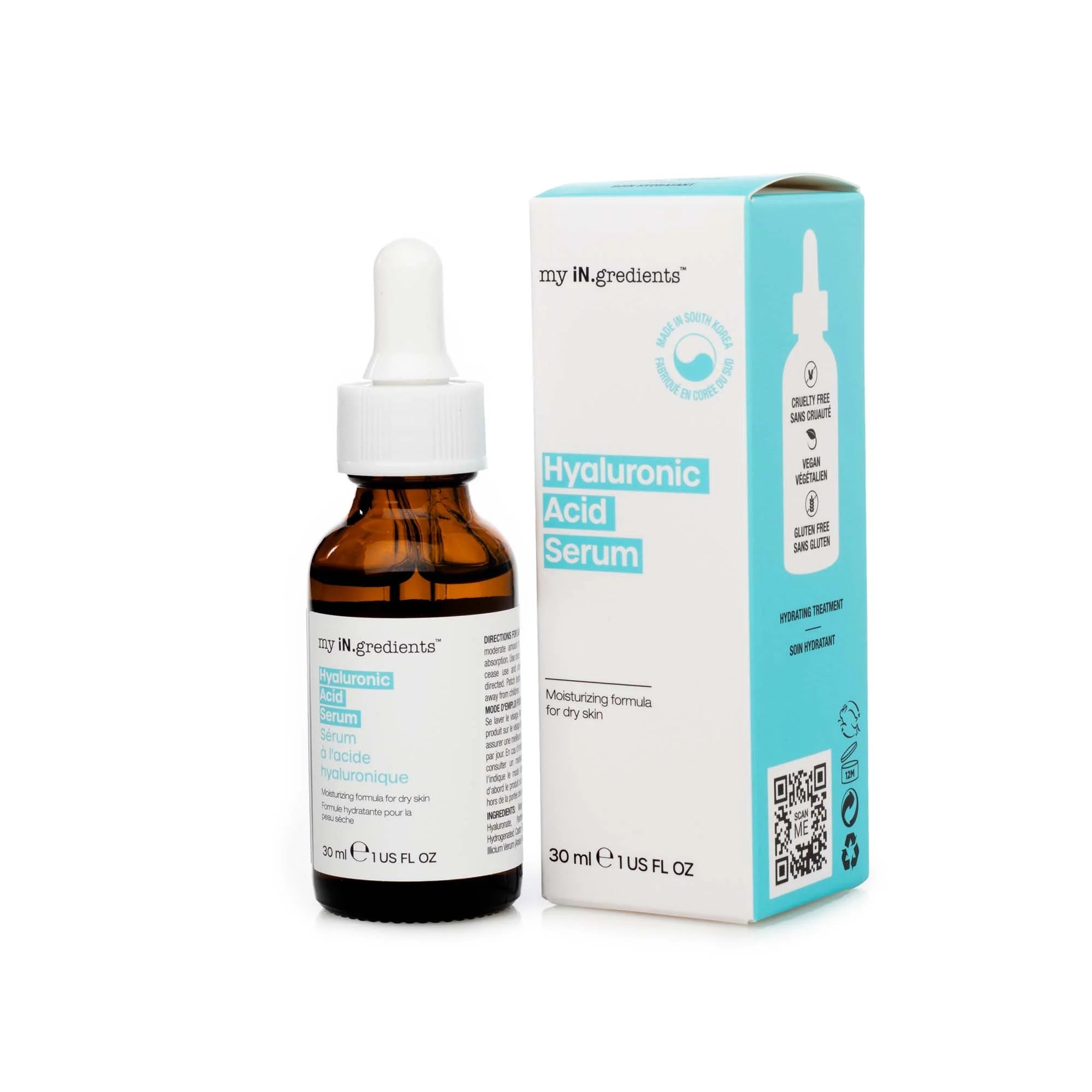 Angled view of My iN.gredients Hyaluronic Acid Serum bottle and box, emphasizing natural hydration benefits and clean skincare formulation.