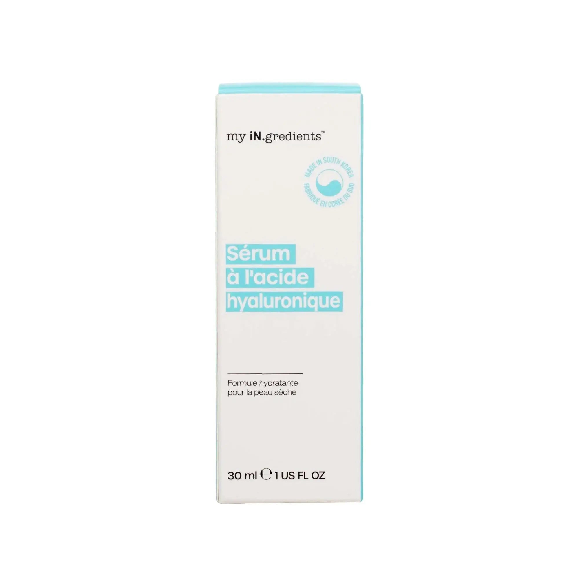 Front view of My iN.gredients Hyaluronic Acid Serum box in French, highlighting moisturizing formula for dry skin and 30 ml size.