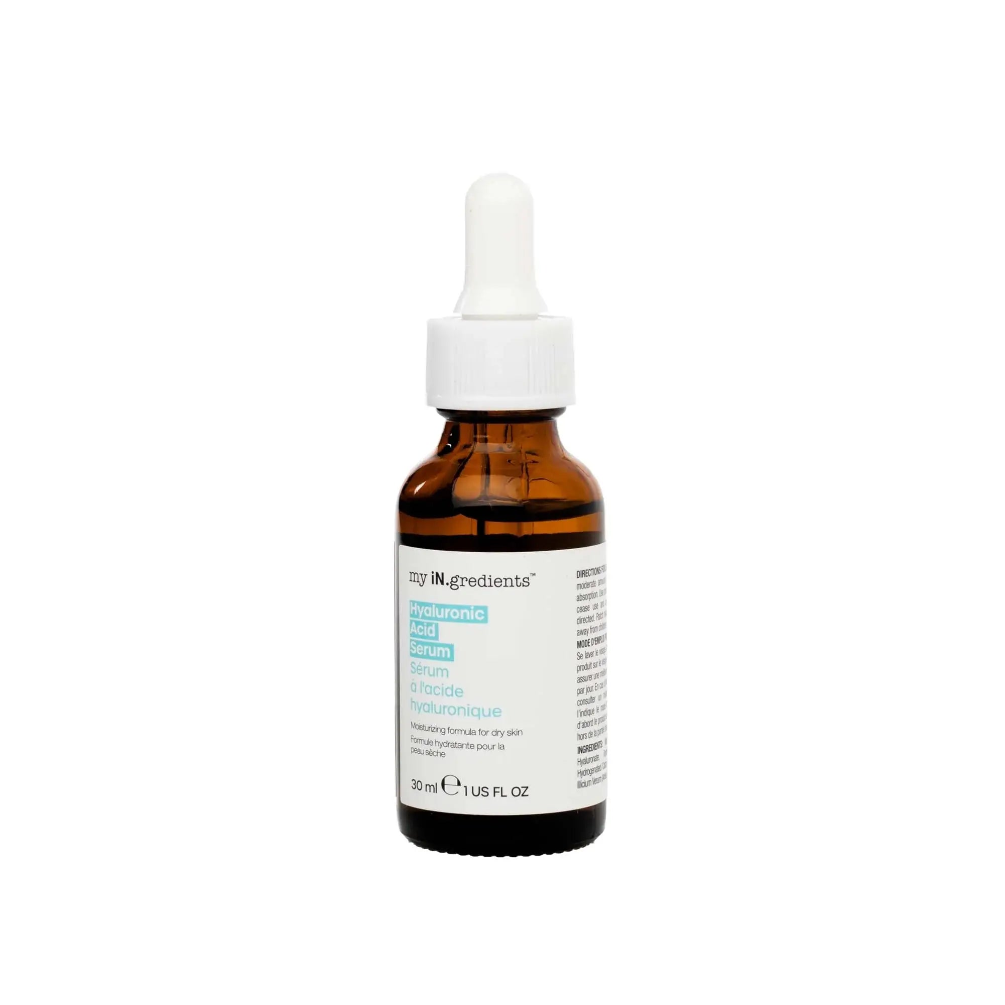 Isolated bottle of My iN.gredients Hyaluronic Acid Serum 30 ml with dropper cap, suitable for all skin types and daily skincare routines.