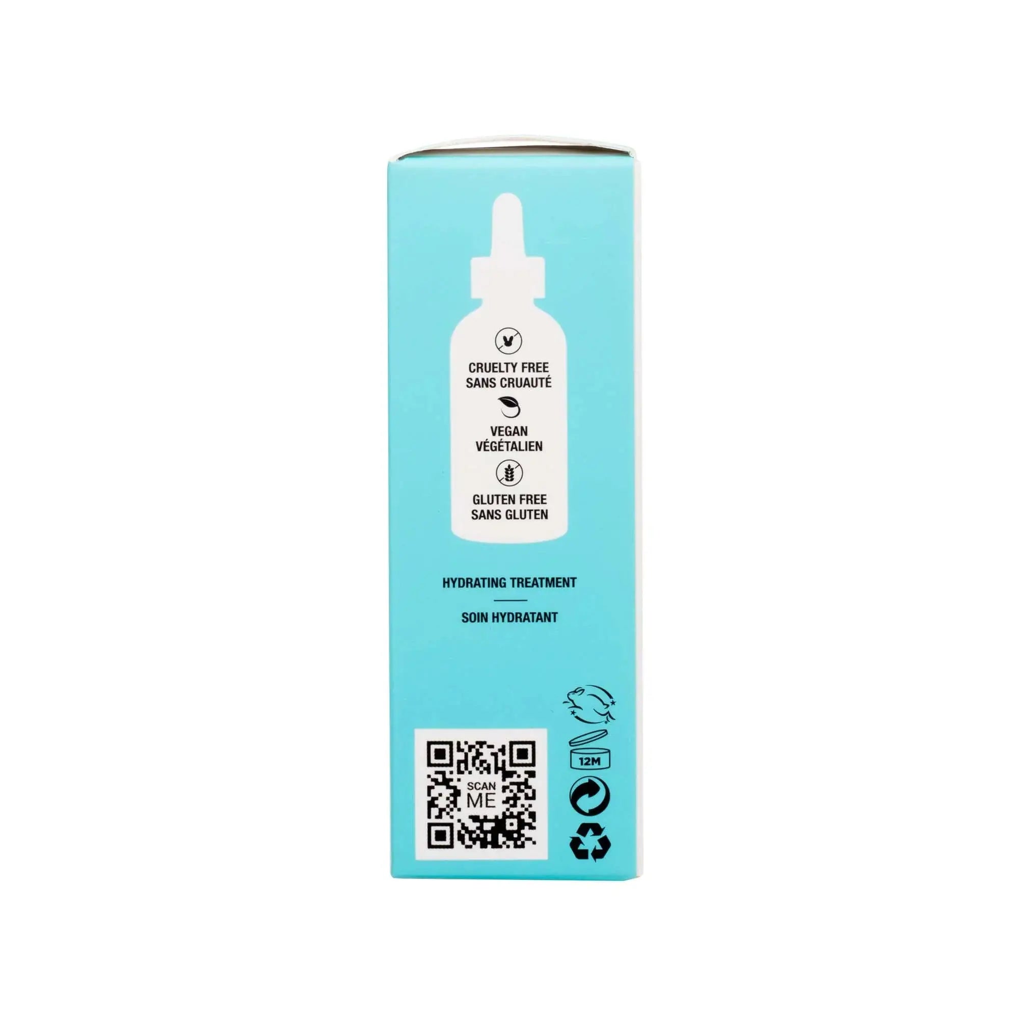 Side view of My iN.gredients Hyaluronic Acid Serum packaging highlighting cruelty-free, vegan, and gluten-free certifications for ethical skincare.