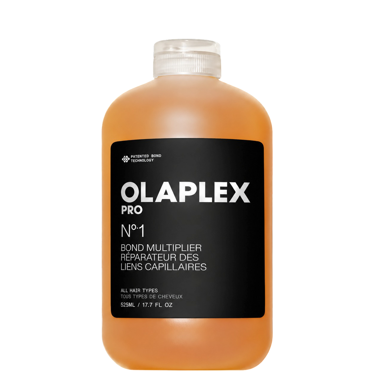 Olaplex Pro No.1 Bond Multiplier in a large 525 ml bottle with black label, designed for strengthening and repairing all hair types