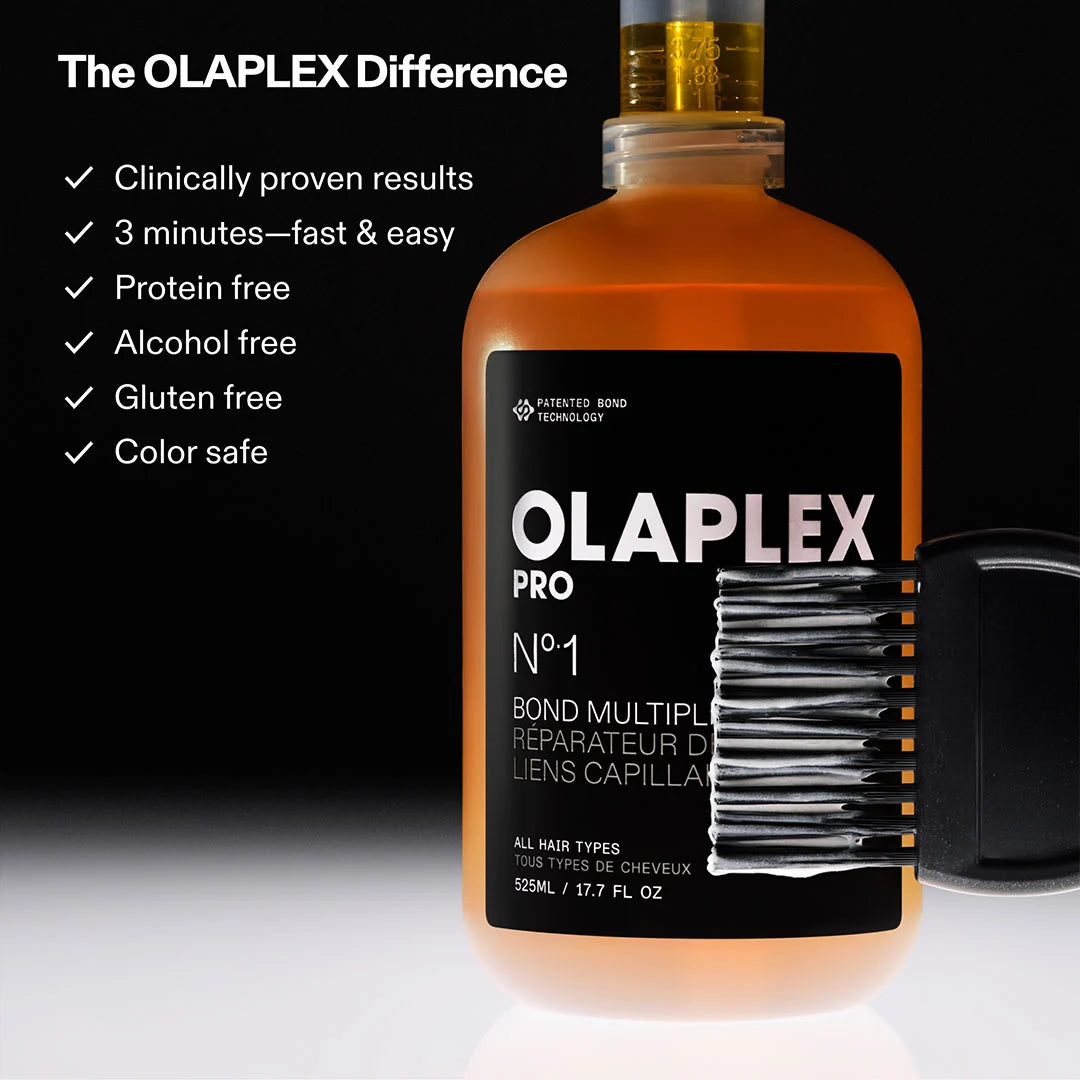 Olaplex No.1 Bond Multiplier bottle with applicator brush, orange liquid, black label, designed for hair repair, with a background highlighting its benefits.