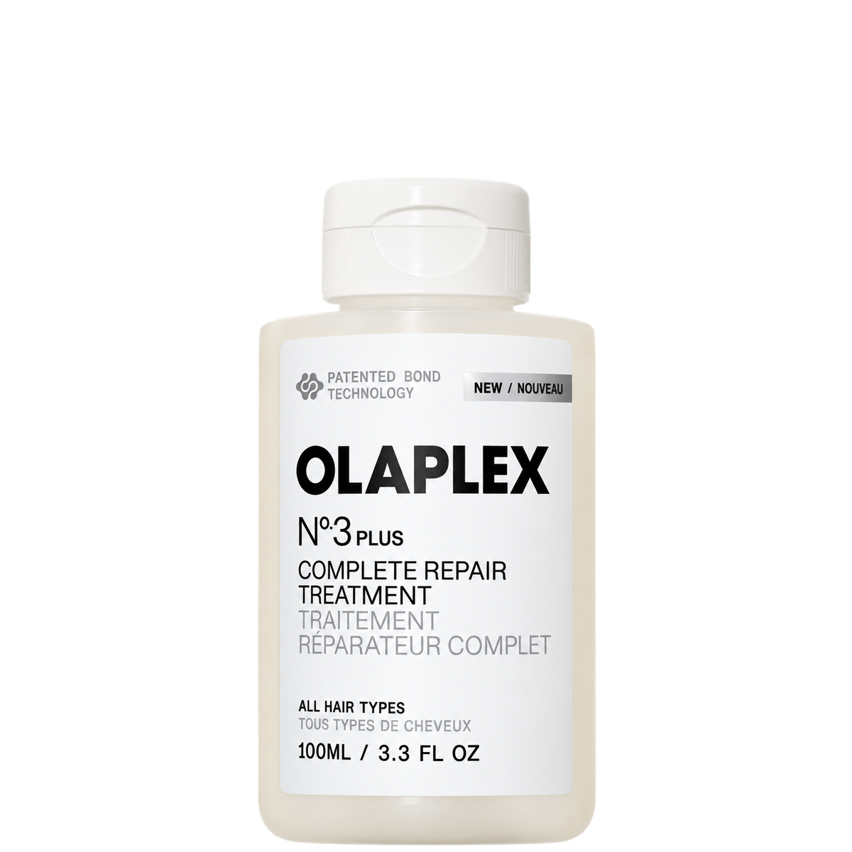 White plastic bottle of Olaplex No.3 Plus Complete Repair Treatment with pump dispenser, labeled for all hair types, 100ml size
