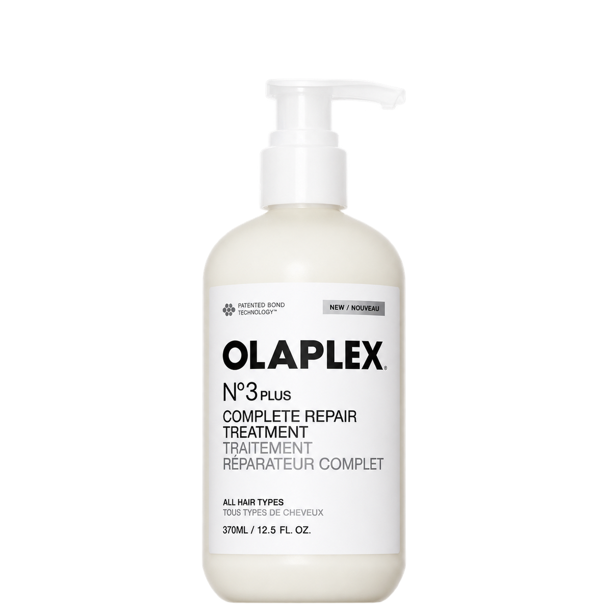 Olaplex No.3 Plus Complete Repair Treatment bottle with pump, white plastic, 370ml size, designed for repairing damaged hair