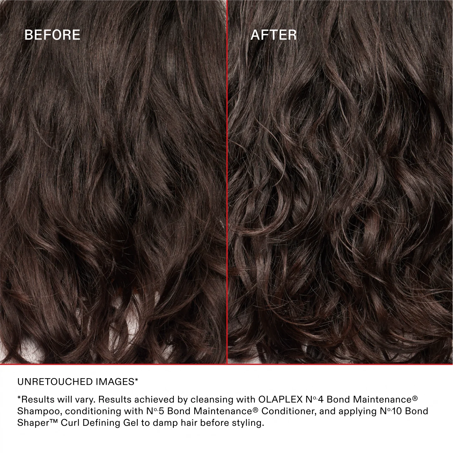 Before and after results of Olaplex No.10 Curl Defining Gel, showing enhanced curl definition and reduced frizz on dark wavy hair.