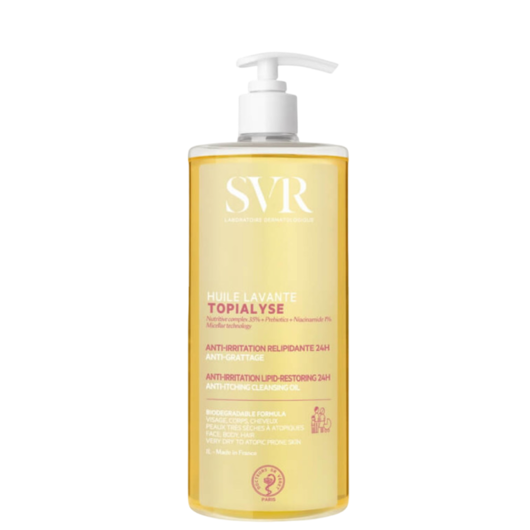 SVR Topialyse Huile Lavante 1000 ml facial cleanser with omega-rich formula for sensitive skin. Gently cleanses and restores skin barrier hydration.