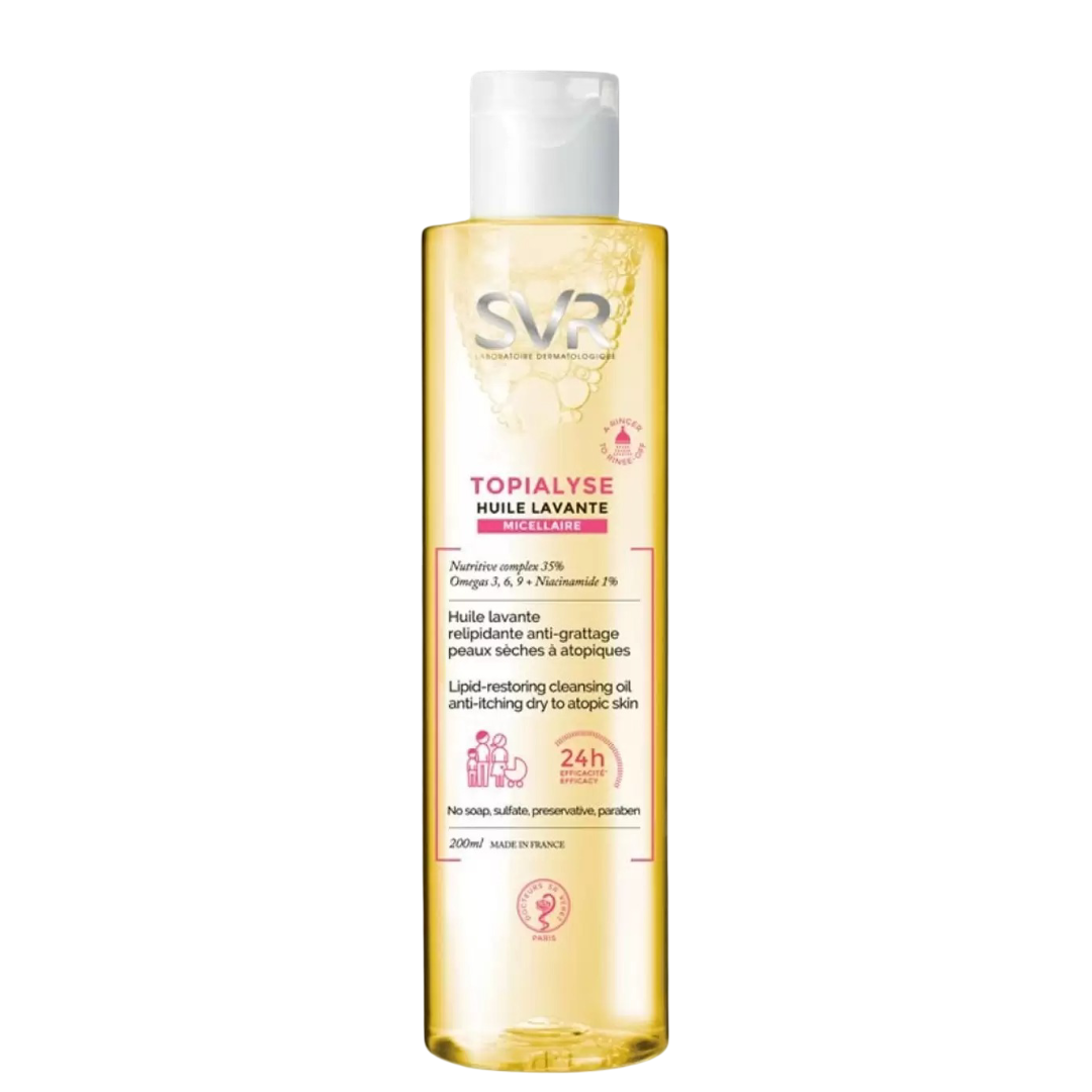 SVR Topialyse Huile Lavante 200 ml cleansing oil for sensitive skin with omega formula. Nourishes dry skin and strengthens the skin barrier.