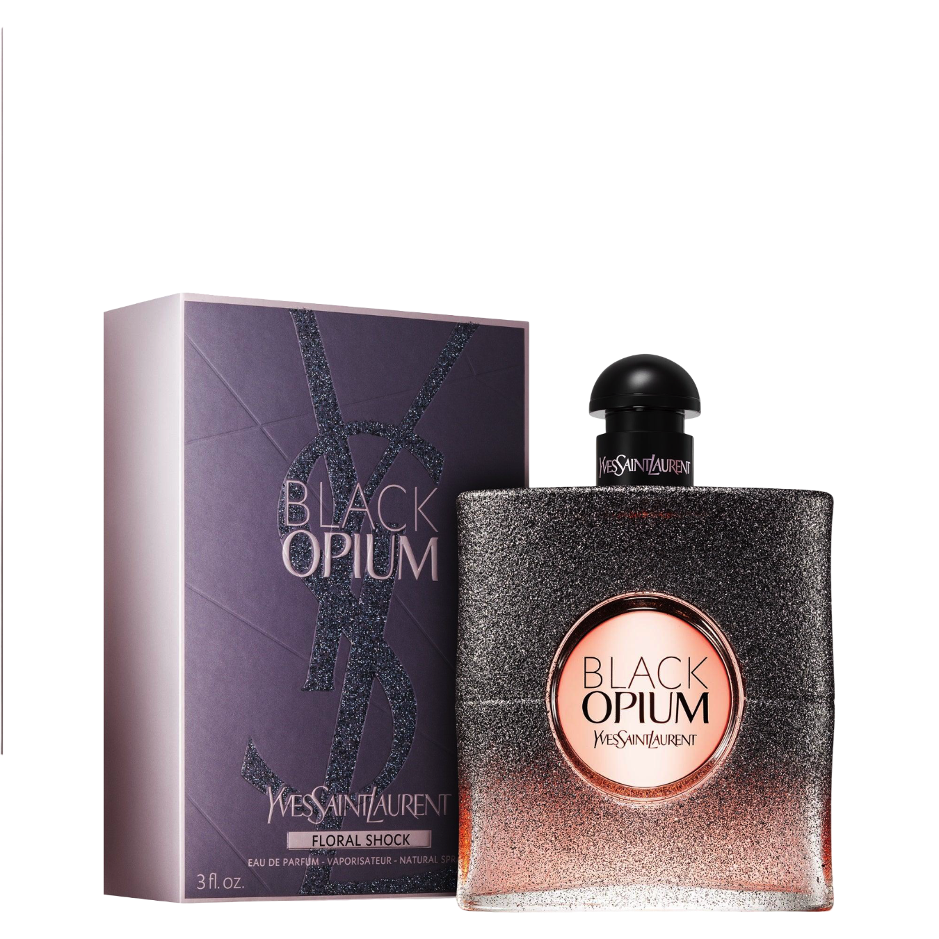 YSL Black Opium Perfume - Floral Shock 90ml bottle with packaging, featuring a glittery gradient design for women’s floral fruity fragrance.